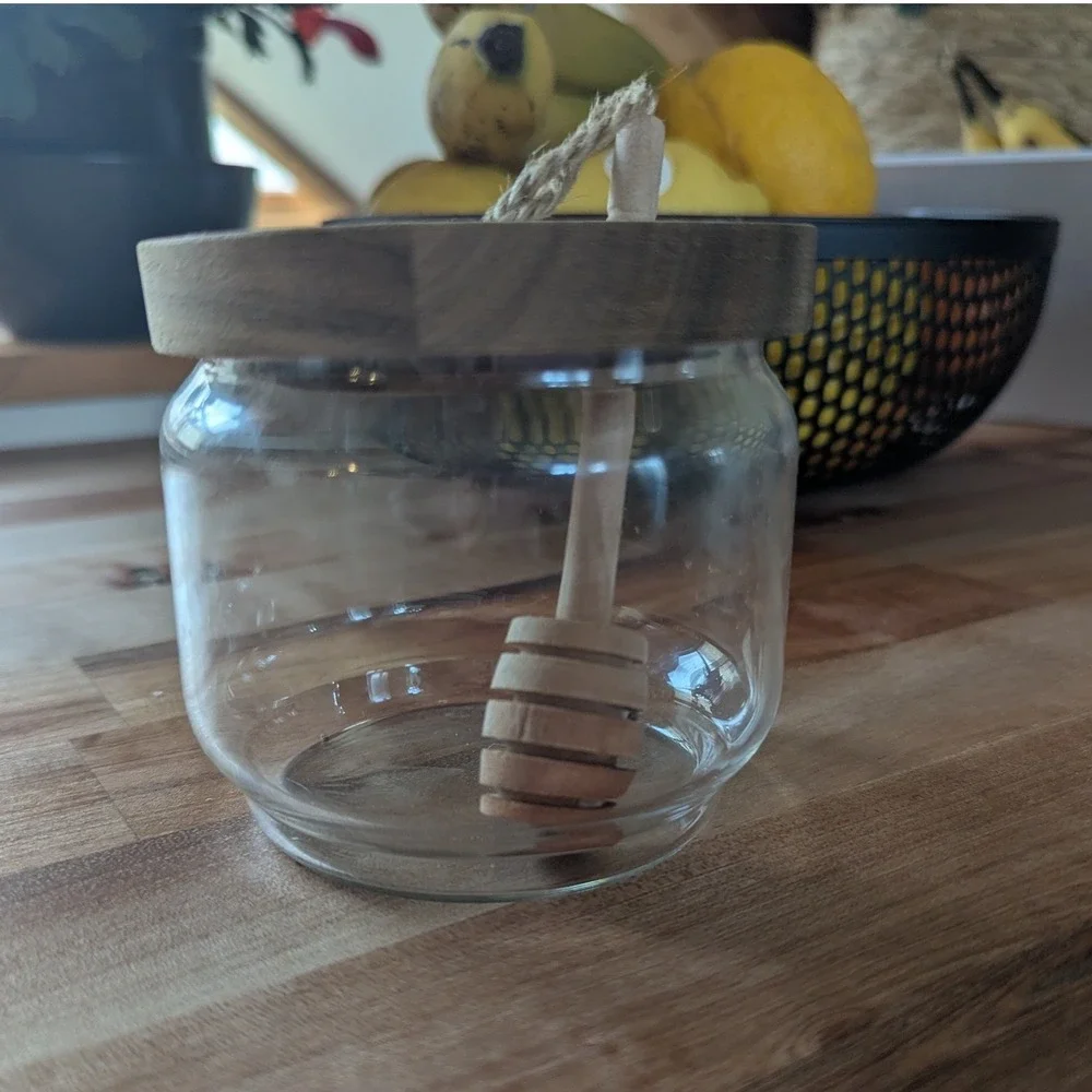 Glass Honey Jar with Wooden Lid and Dipper Farmhouse Kitchen‎ Storage